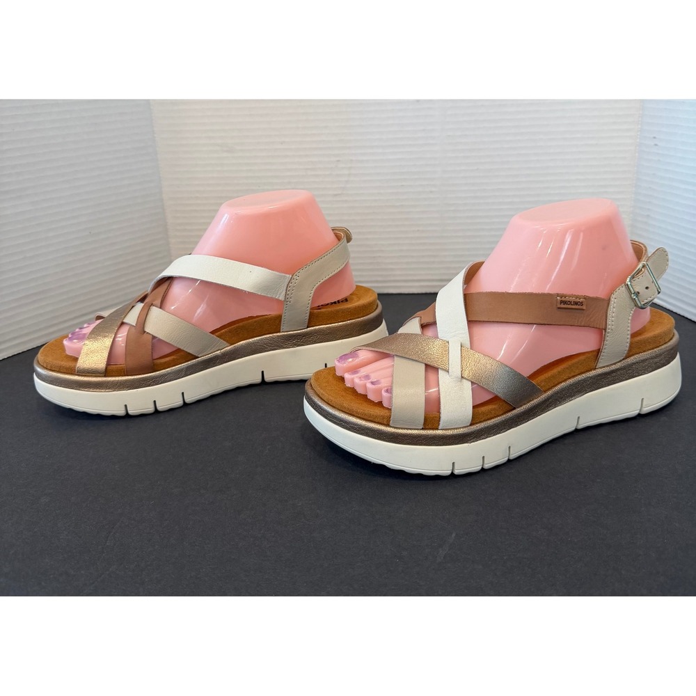 Pikolinos Mahon Gold Tan Strappy Leather Platform Sandals US 9 EU 40 New